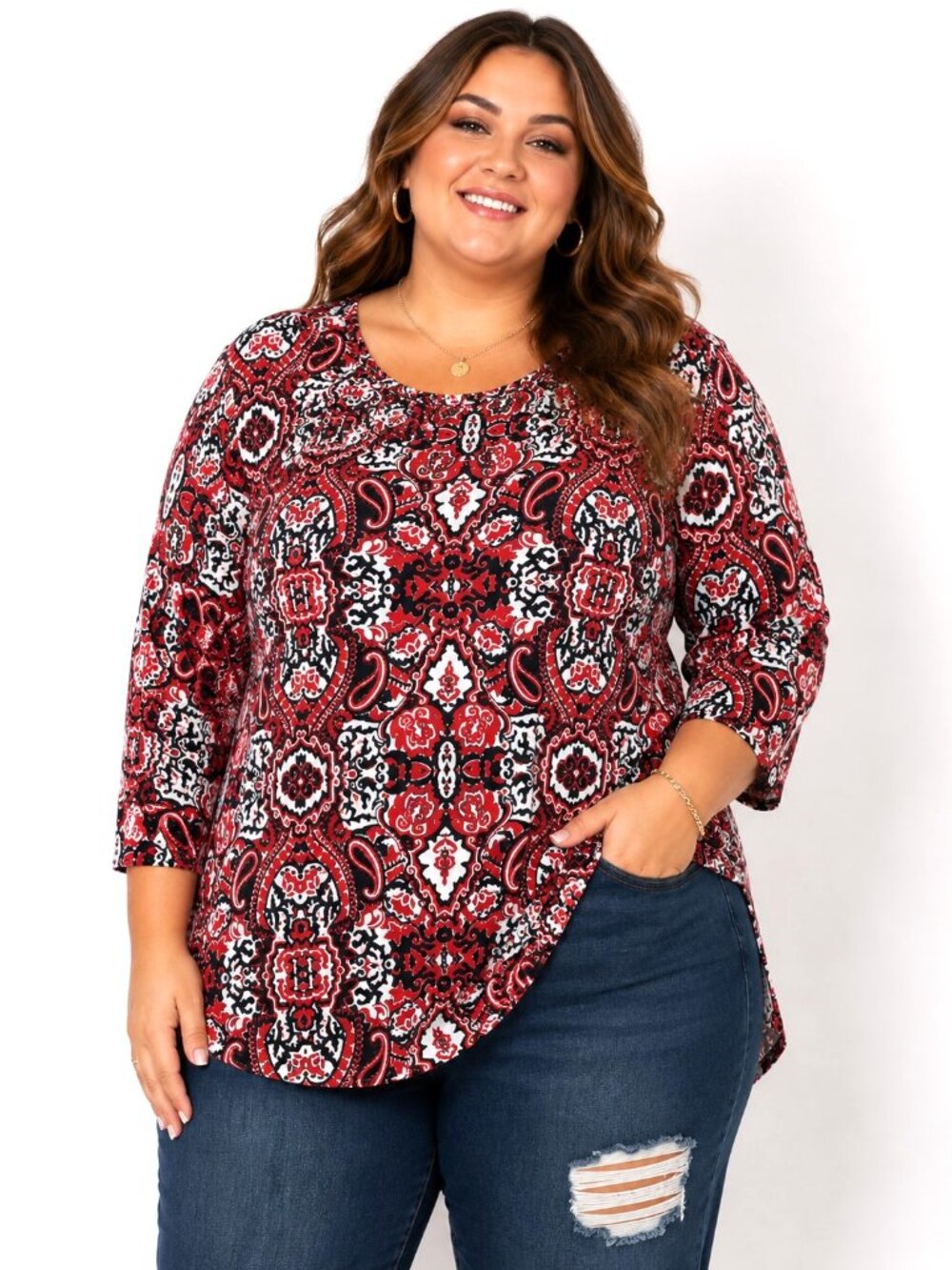 Denim 24/7 Multicolor Paisley Floral 3/4 Sleeve Stretch Tunic Top Women 1X 22-24